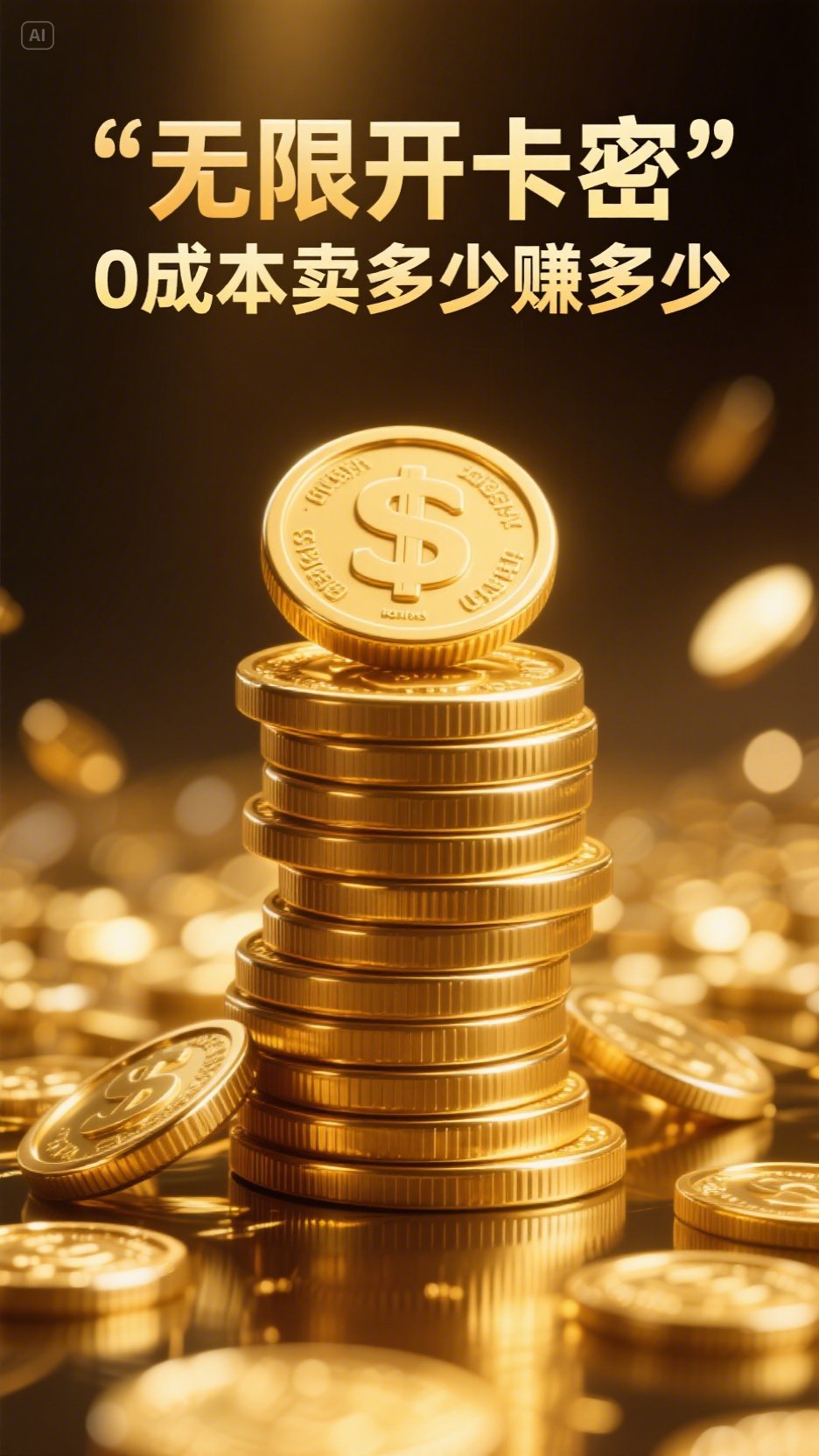 主题“无限开卡密，0成本卖多少赚多少”土豪金币风格，字体清晰，浮雕.jpeg